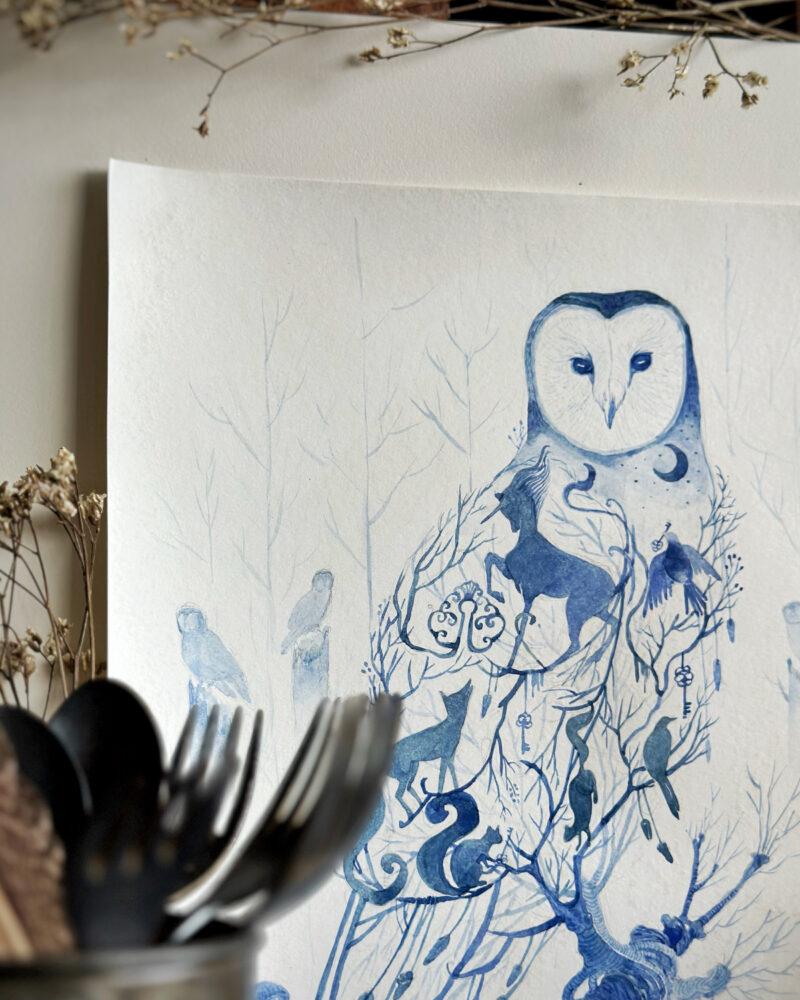 Watercolour painting of Owl in ultramarine blue with smaller animals and birds making up the image.