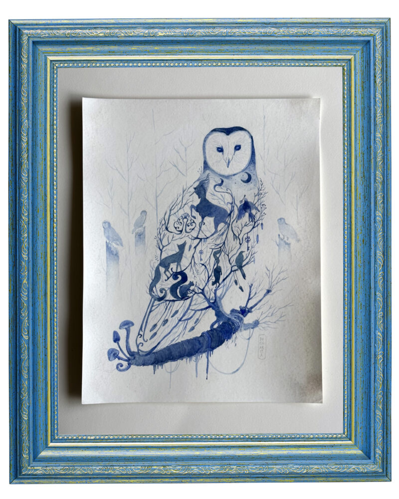 Watercolour painting of Owl in ultramarine blue with smaller animals and birds making up the image.