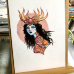 mixed media portrait of a woman with blue skin, black flowing hair, wearing red and orange armor. She has a helmet with horns and a large red ruby at the center.