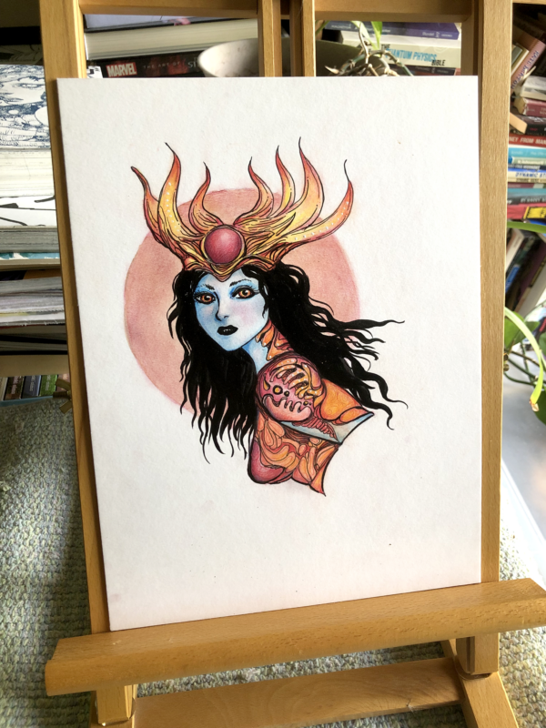 mixed media portrait of a woman with blue skin, black flowing hair, wearing red and orange armor. She has a helmet with horns and a large red ruby at the center.