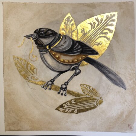 watercolor painting of a mech chickadee with gold accents