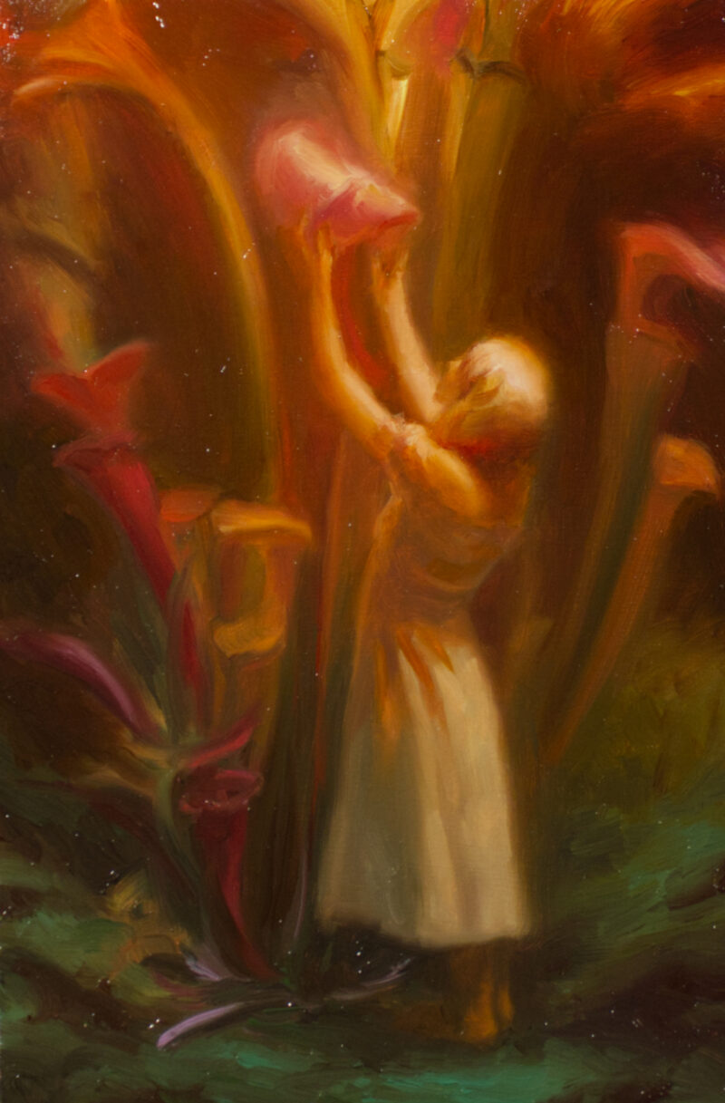 An oil painting featuring a small female figure touching a glowing sarracenia plant