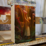 Side photo of an oil painting, featuring a small female figure touching a glowing sarracenia plant