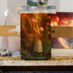 Far away shot of an oil painting, featuring a small female figure touching a glowing sarracenia plant