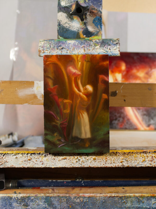 Far away shot of an oil painting, featuring a small female figure touching a glowing sarracenia plant