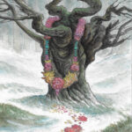 Watercolor painting of a tree in a snow landscape. There is a flower garland on the tree, with flower petals on the ground.
