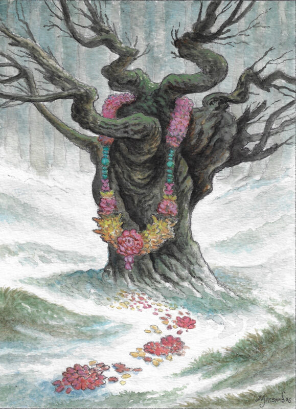 Watercolor painting of a tree in a snow landscape. There is a flower garland on the tree, with flower petals on the ground.