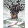 Watercolor painting of a tree in a snow landscape. There is a flower garland on the tree, with flower petals on the ground.