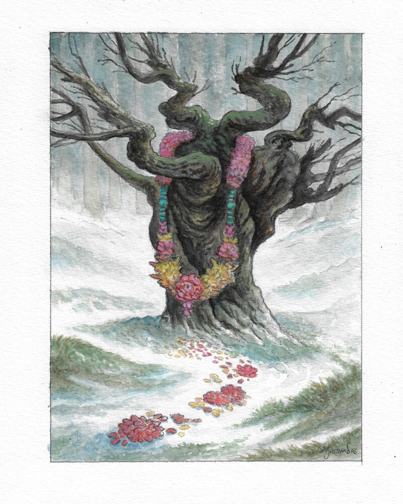 Watercolor painting of a tree in a snow landscape. There is a flower garland on the tree, with flower petals on the ground.