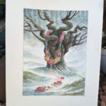 Watercolor painting of a tree in a snow landscape. There is a flower garland on the tree, with flower petals on the ground.