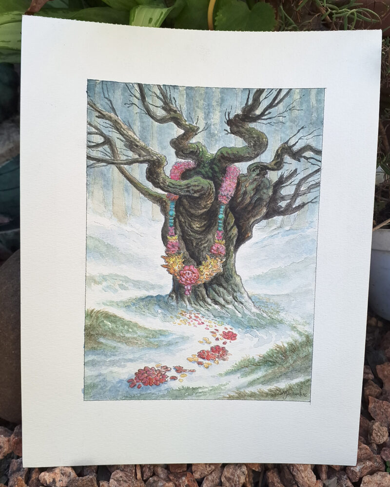 Watercolor painting of a tree in a snow landscape. There is a flower garland on the tree, with flower petals on the ground.