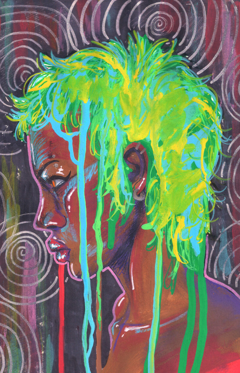 Painting of a black woman with dripping green, yellow, and blue hair against an abstract background