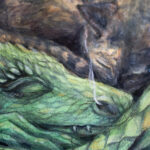 Detail of Cozy painting, green dragon and cat