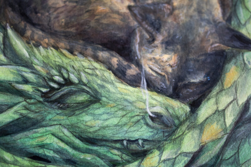 Detail of Cozy painting, green dragon and cat