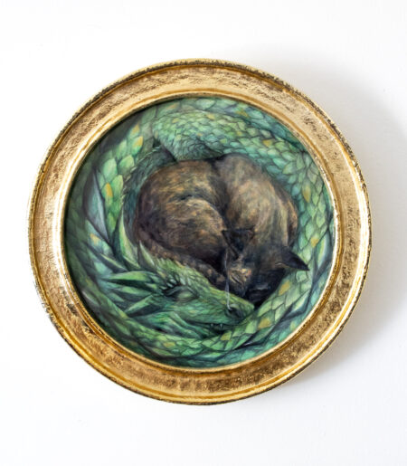 green dragon and cat painting in round gold frame