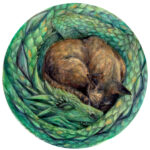 Cozy is a painting of a cuddly green dragon and tortoiseshell cat
