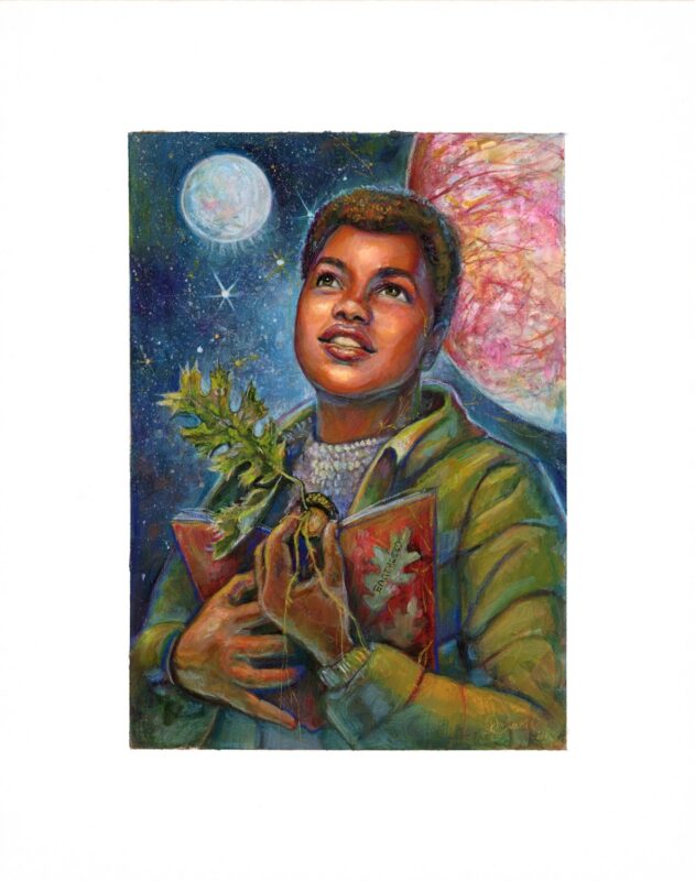 Painting of a Black young adult girl holding a red notebook and an acorn. The acorn has a couple of leaves and roots that extend below and all around. She's looking hopeful. Jupiter's moon Europa and Saturn's moon Enceladus are behind her as well as a field of stars.