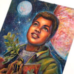 Painting of a Black young adult girl holding a red notebook and an acorn. The acorn has a couple of leaves and roots that extend below and all around. She's looking hopeful. Jupiter's moon Europa and Saturn's moon Enceladus are behind her as well as a field of stars.