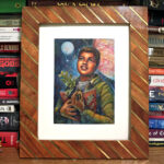 Painting of a Black young adult girl holding a red notebook and an acorn. The acorn has a couple of leaves and roots that extend below and all around. She's looking hopeful. Jupiter's moon Europa and Saturn's moon Enceladus are behind her as well as a field of stars.