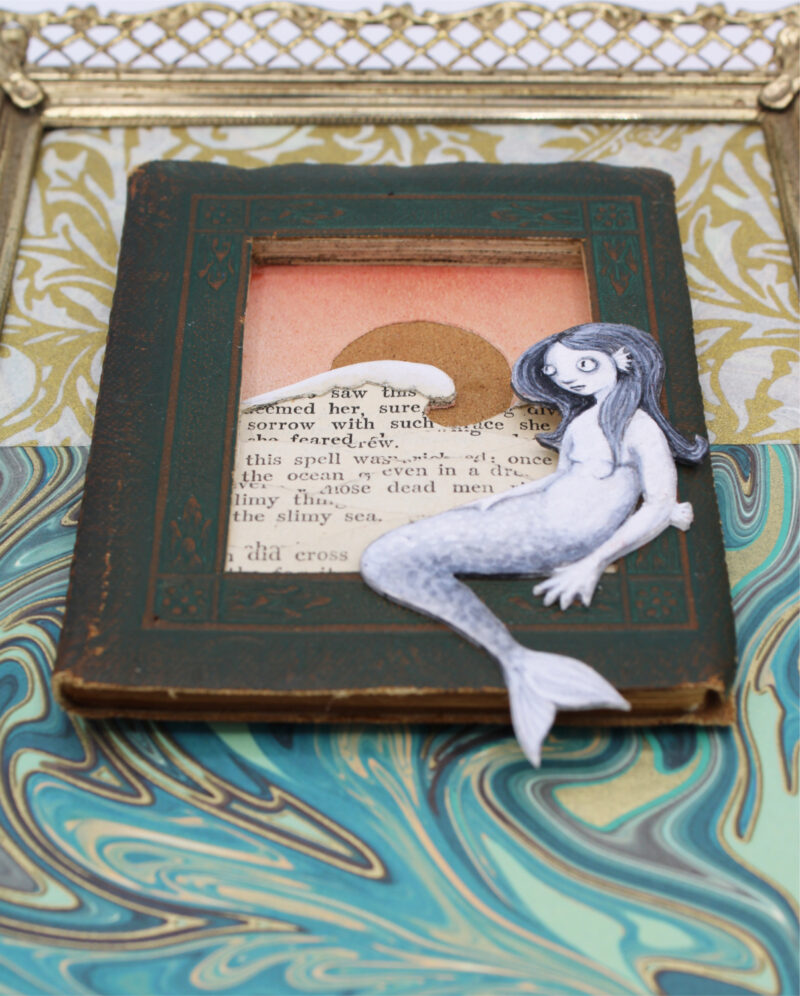 Oceans Spells, Mermaid art altered book detail close up