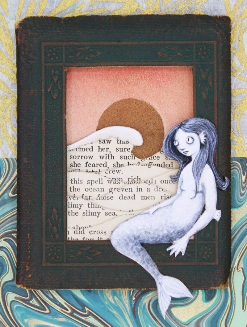 Oceans Spells, Mermaid art altered book detail close up book