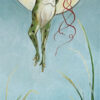 Painting of frog holding on to a trio of balloons as he is carried away from his lily pad