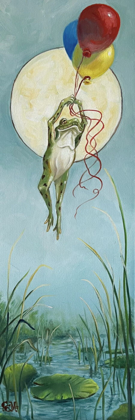 Painting of frog holding on to a trio of balloons as he is carried away from his lily pad