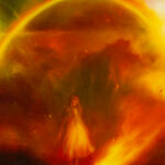 An oil painting containing a young girl standing by a raging fire, and sparkling arch of a rainbow overhead