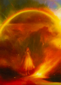 An oil painting containing a young girl standing by a raging fire, and sparkling arch of a rainbow overhead