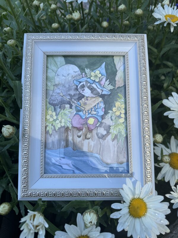 Framed painting of a Raccoon fishing