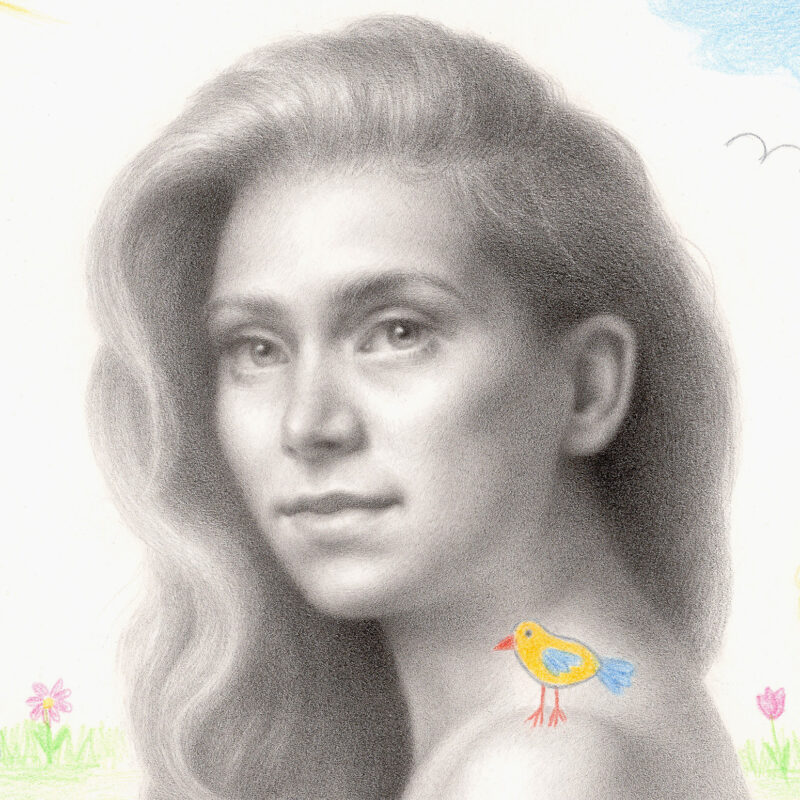 Graphite and colored pencild drawing "Journey Within" by Marta Witkiewicz - portrait detail