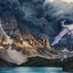 Flat scan view of a white dragon flying over a lake similar to Moraine Lake in Banff, Canada. A dark storm rises from behind the mountains, lit in a blazed line across the center from the setting sun.