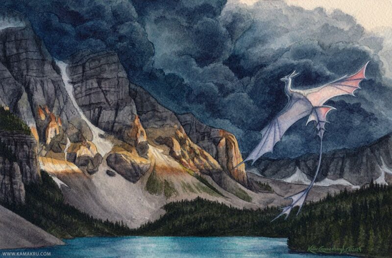 Flat scan view of a white dragon flying over a lake similar to Moraine Lake in Banff, Canada. A dark storm rises from behind the mountains, lit in a blazed line across the center from the setting sun.