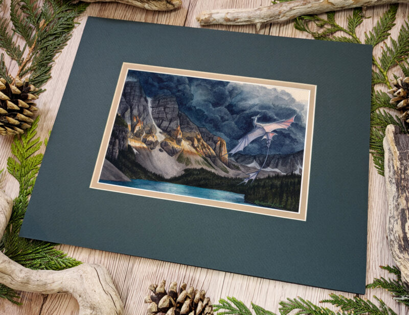 Flat scan view of a white dragon flying over a lake similar to Moraine Lake in Banff, Canada. A dark storm rises from behind the mountains, lit in a blazed line across the center from the setting sun.