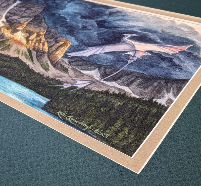 Flat scan view of a white dragon flying over a lake similar to Moraine Lake in Banff, Canada. A dark storm rises from behind the mountains, lit in a blazed line across the center from the setting sun. This photo is a close up of the corner of the painting where the signature is.