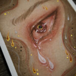 'Witness' close-up details of painting, with focus on metallic elements.