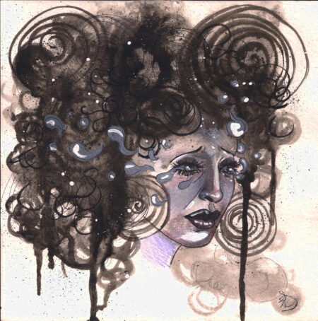 A mostly black and white image of a woman crying tears that are flying around her. Her expression is sad and her hair is depicted as huge spirals.
