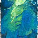 Watercolor painting of a vibrant blue and yellow moth woman, framed in black. She has small moth lights floating around her.