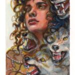 A miniature painting with a curly hair woman looking hopeful. Surrounded by angry wolves that seem to be coming out of her.