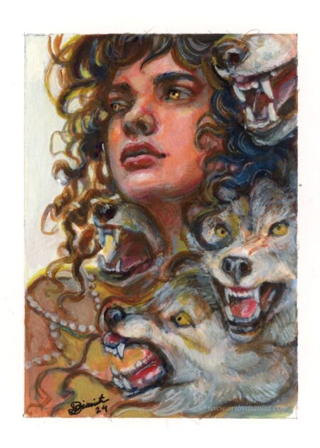 A miniature painting with a curly hair woman looking hopeful. Surrounded by angry wolves that seem to be coming out of her.