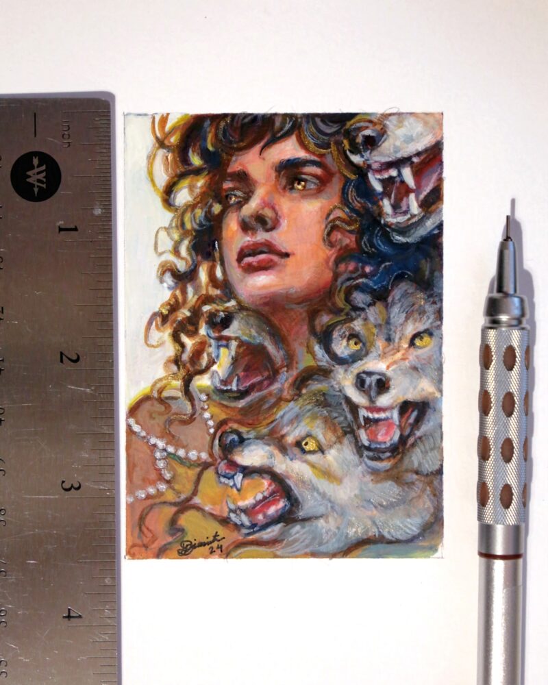 A miniature painting with a curly hair woman looking hopeful. Surrounded by angry wolves that seem to be coming out of her.