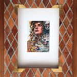 A miniature painting with a curly hair woman looking hopeful. Surrounded by angry wolves that seem to be coming out of her. This photo shows the painting with a frame.