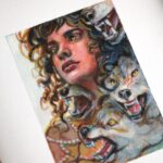 A miniature painting with a curly hair woman looking hopeful. Surrounded by angry wolves that seem to be coming out of her. Close-up.
