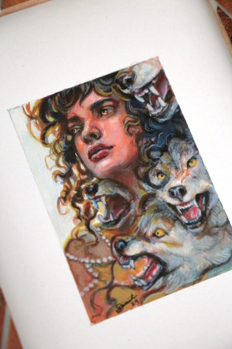 A miniature painting with a curly hair woman looking hopeful. Surrounded by angry wolves that seem to be coming out of her. Close-up.