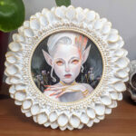 Painting of a fae-like being with orange eyes and nails on a black background