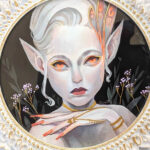 Painting of a fae-like being with orange eyes and nails on a black background