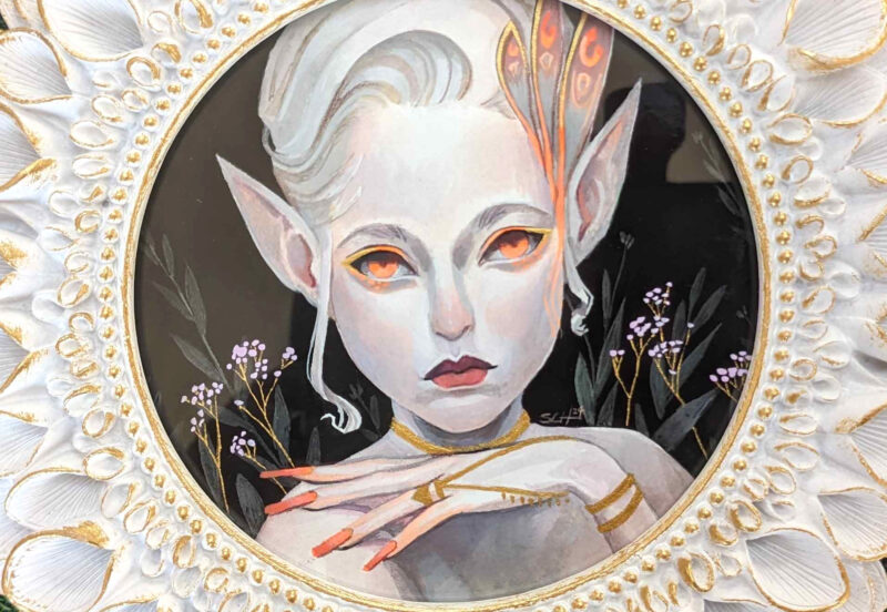 Painting of a fae-like being with orange eyes and nails on a black background