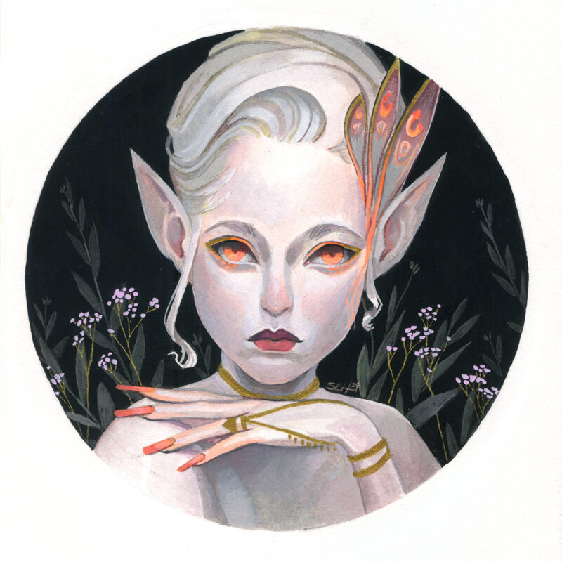 Painting of a fae-like being with orange eyes and nails on a black background