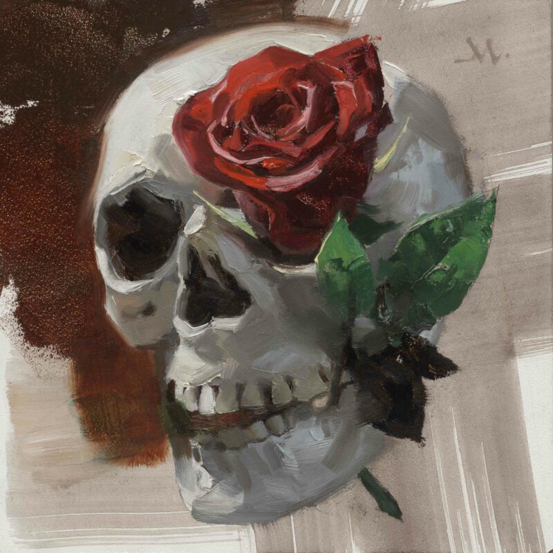 Painting of a skull with a rose in one eye from Tamsyn Muir's Gideon the Ninth / The Locked Tomb series.