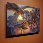 First Light, Last Flight is a fantasy oil painting by Dan Cohen, shown in 3/4 view hanging on a wall.